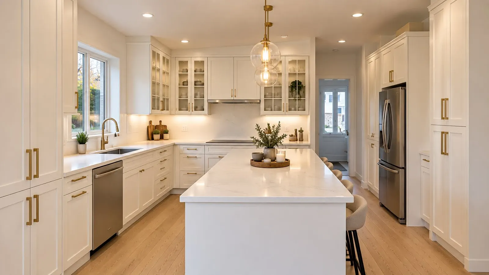 AI-generated rendering: white shaker-style IKEA kitchen with glass-front cabinets, an island and brass handles in Deux-Montagnes